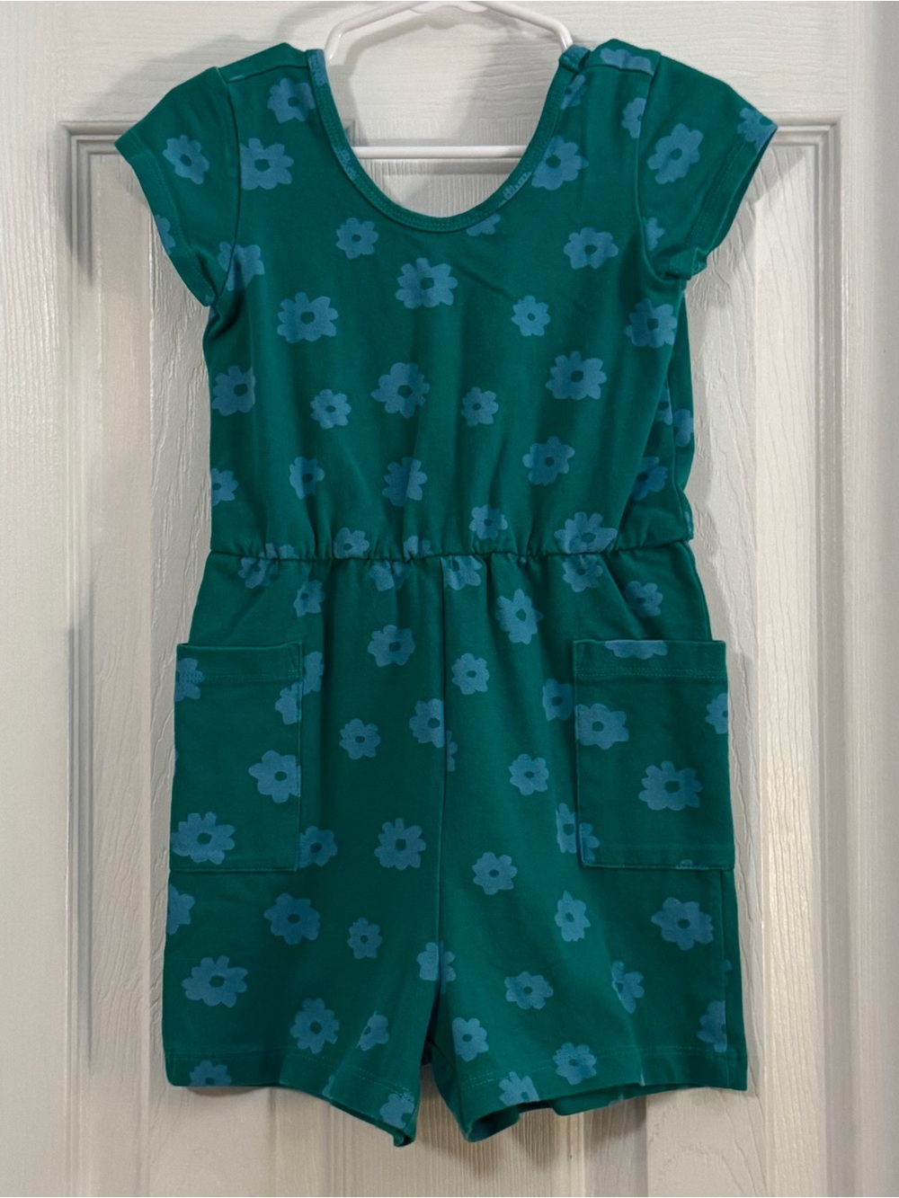 Alice + Ames Baby Girl Green and Teal Floral Short Sleeve Romper Front Pockets